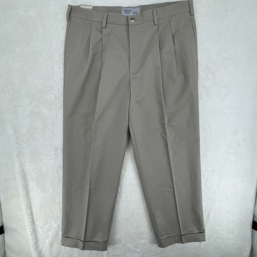IZOD Slacks Saltwater Double Pleat Cuffed Cotton Chino Pants 38x30 Beige Khakis